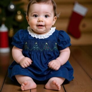 Navy Christmas Tree Smocked Dress